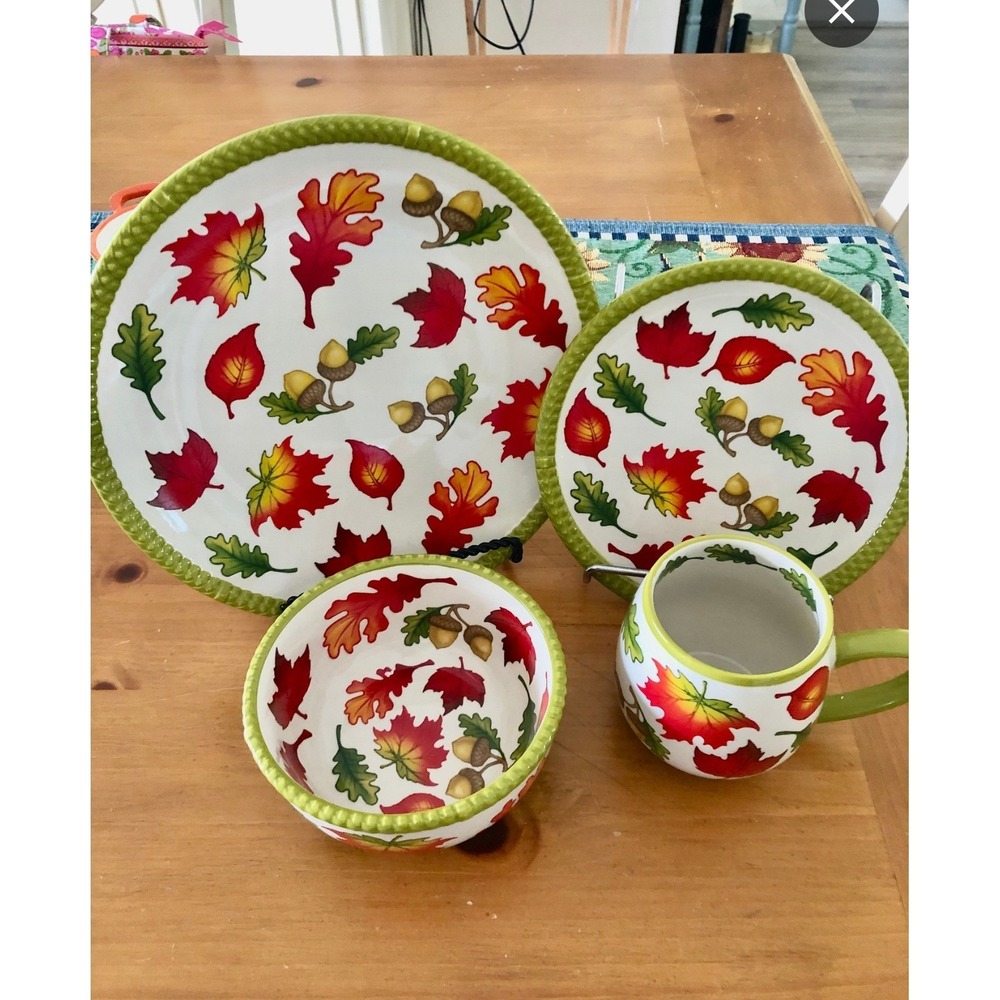 Temptations Fall Autumn Leaves Acorn Dinnerware Set 4 Piece Plate Bowl Mug Green